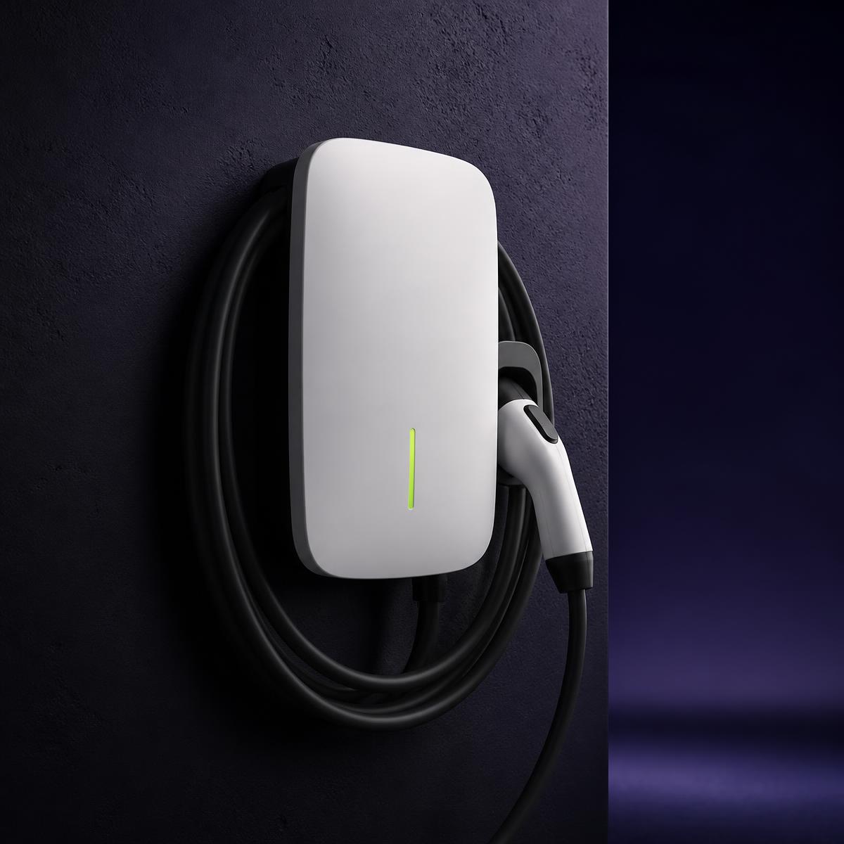 Home EV wall charger unit with coiled cable
