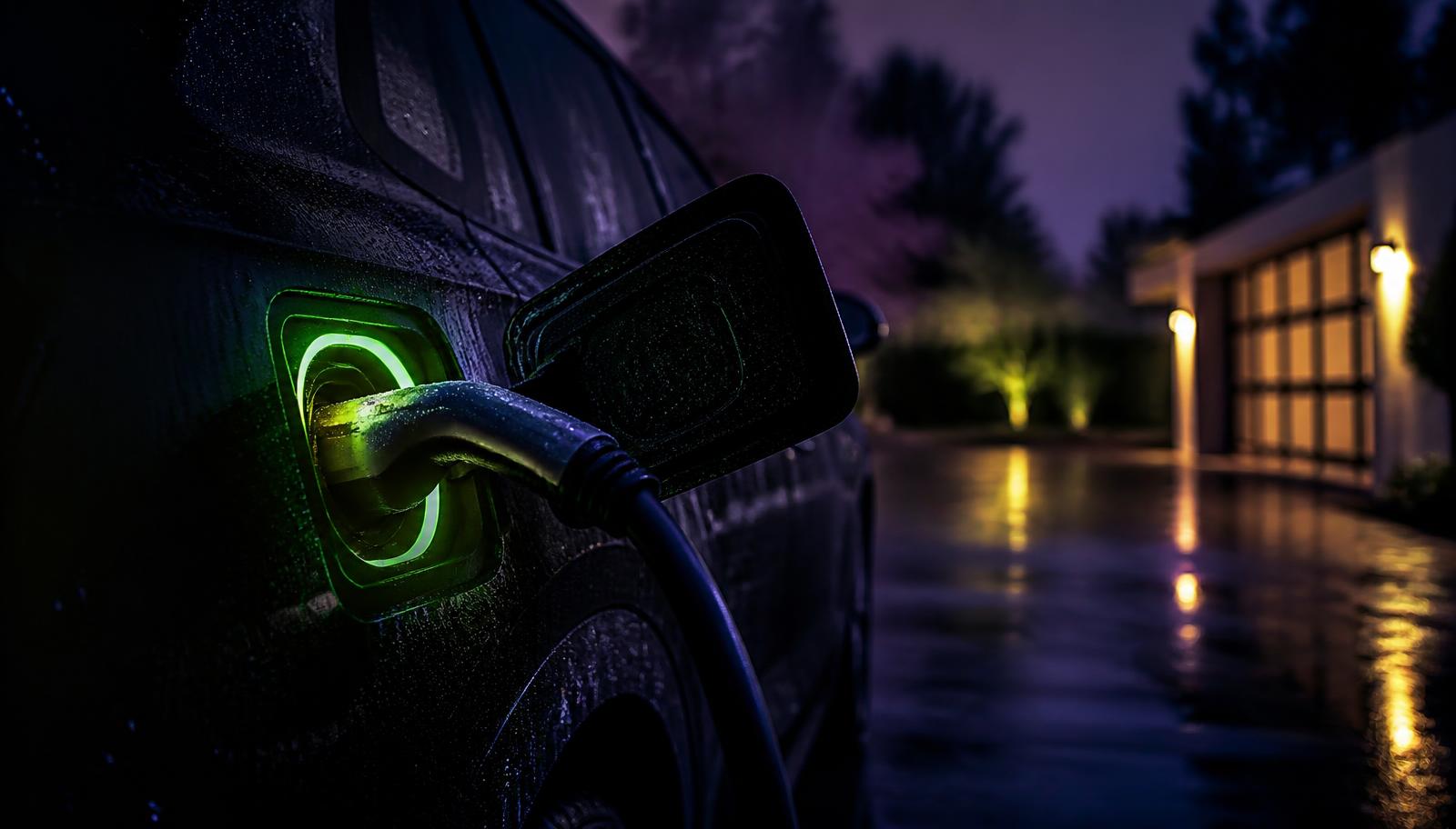 EV charging connector plugged into a car at night